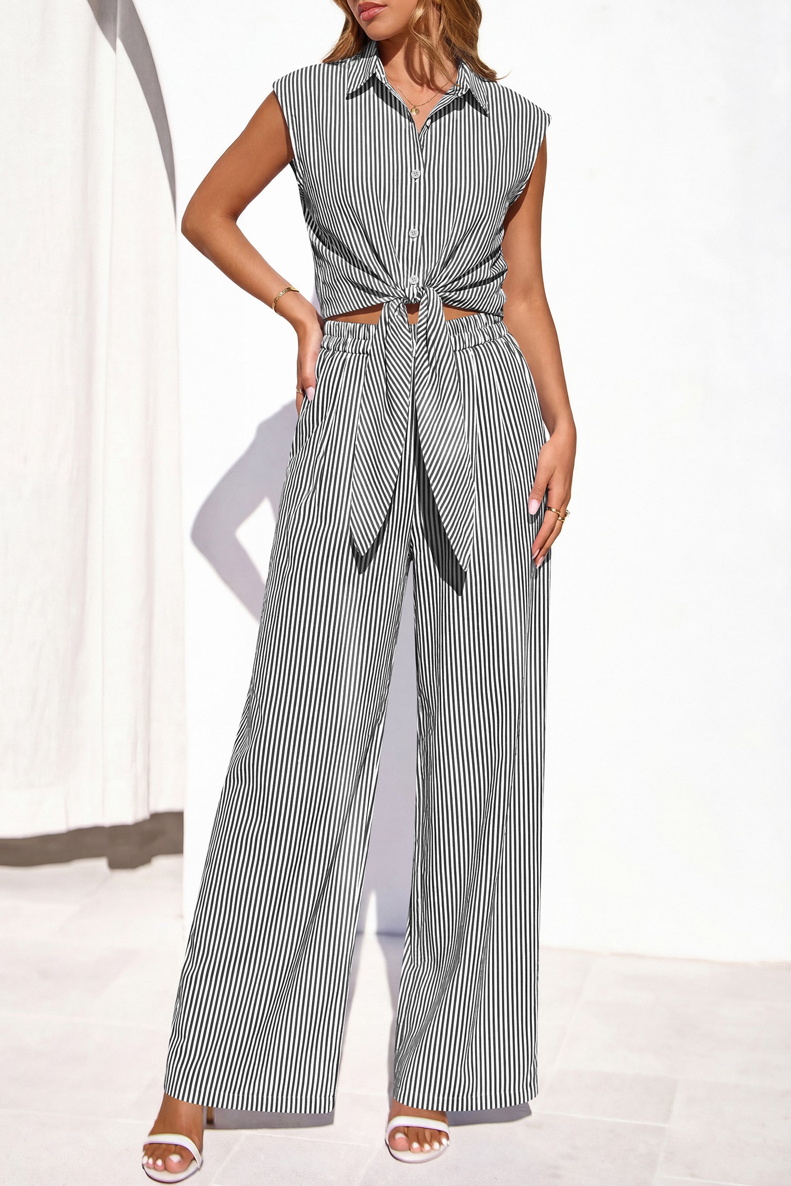 PRETTYGARDEN 2 Piece Sets For Women Summer Striped Button Down Tie Front Crop Tops Wide Leg Pants Floral Lounge Set 2026 PRETTYGARDEN