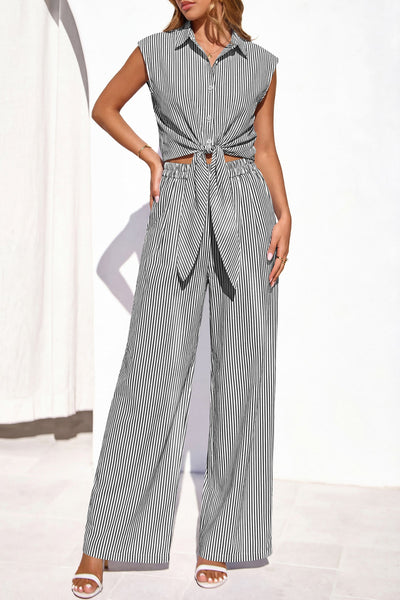 PRETTYGARDEN 2 Piece Sets For Women Summer Striped Button Down Tie Front Crop Tops Wide Leg Pants Floral Lounge Set 2026 PRETTYGARDEN