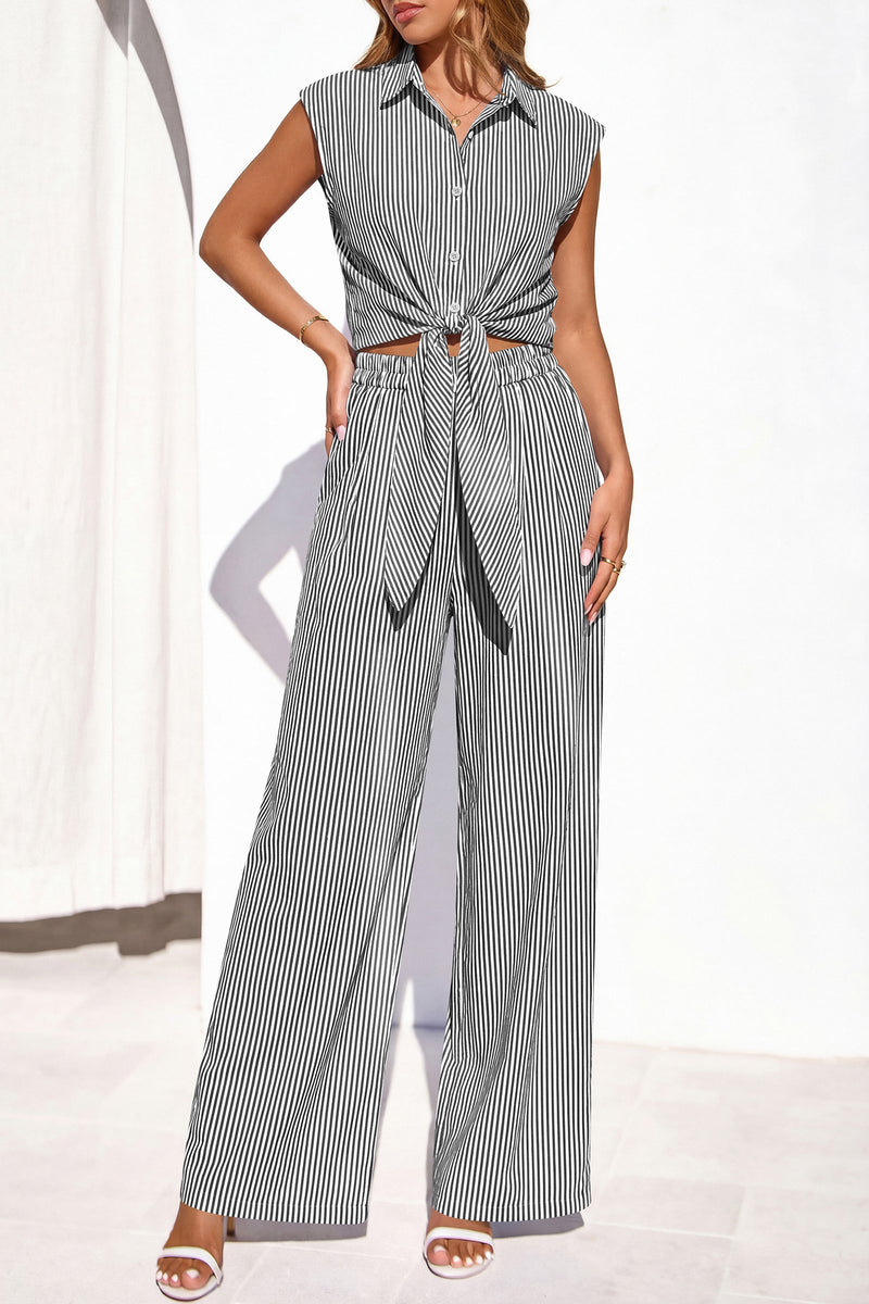 PRETTYGARDEN 2 Piece Sets For Women Summer Striped Button Down Tie Front Crop Tops Wide Leg Pants Floral Lounge Set 2026 PRETTYGARDEN