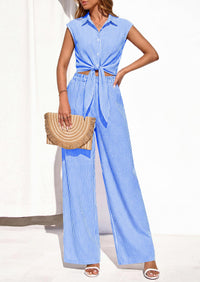 PRETTYGARDEN 2 Piece Sets For Women Summer Striped Button Down Tie Front Crop Tops Wide Leg Pants Floral Lounge Set 2026 PRETTYGARDEN