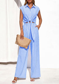 PRETTYGARDEN 2 Piece Sets For Women Summer Striped Button Down Tie Front Crop Tops Wide Leg Pants Floral Lounge Set 2026 PRETTYGARDEN