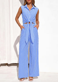 PRETTYGARDEN 2 Piece Sets For Women Summer Striped Button Down Tie Front Crop Tops Wide Leg Pants Floral Lounge Set 2026 PRETTYGARDEN