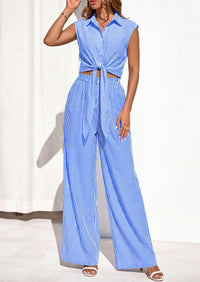 PRETTYGARDEN 2 Piece Sets For Women Summer Striped Button Down Tie Front Crop Tops Wide Leg Pants Floral Lounge Set 2026 PRETTYGARDEN