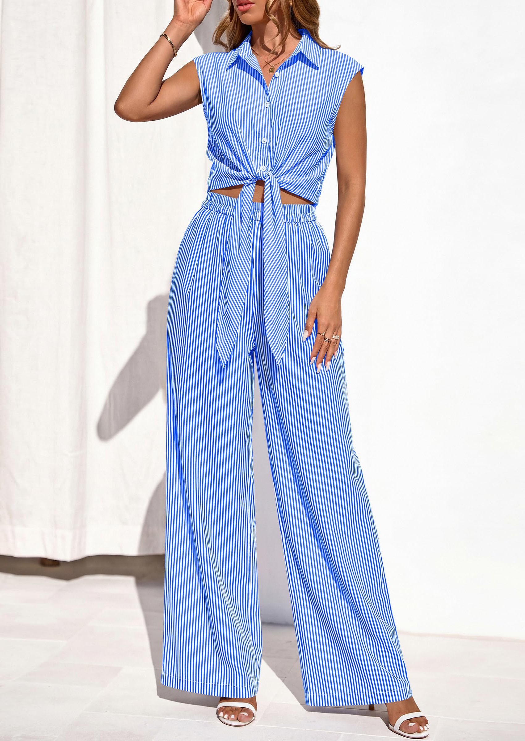 PRETTYGARDEN 2 Piece Sets For Women Summer Striped Button Down Tie Front Crop Tops Wide Leg Pants Floral Lounge Set 2026 PRETTYGARDEN