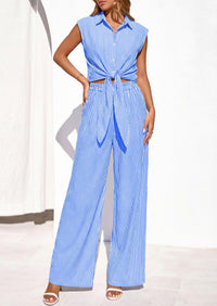 PRETTYGARDEN 2 Piece Sets For Women Summer Striped Button Down Tie Front Crop Tops Wide Leg Pants Floral Lounge Set 2026 PRETTYGARDEN