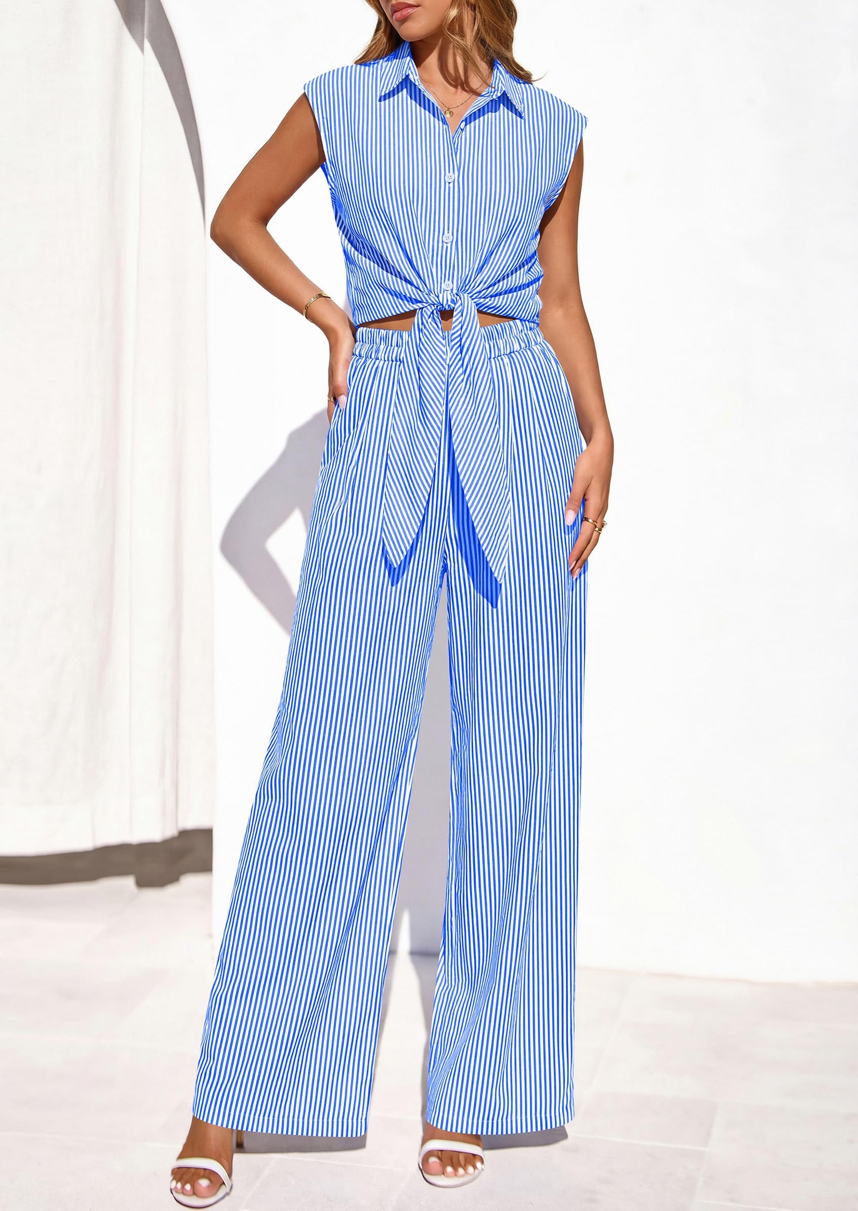 PRETTYGARDEN 2 Piece Sets For Women Summer Striped Button Down Tie Front Crop Tops Wide Leg Pants Floral Lounge Set 2026 PRETTYGARDEN