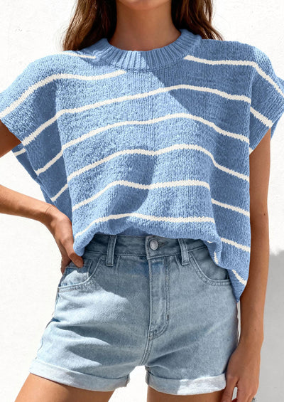 PRETTYGARDEN Womens Summer Short Sleeve Tops Trendy Crew Neck Striped Knit Sweater Business Casual Spring Clothes PRETTYGARDEN