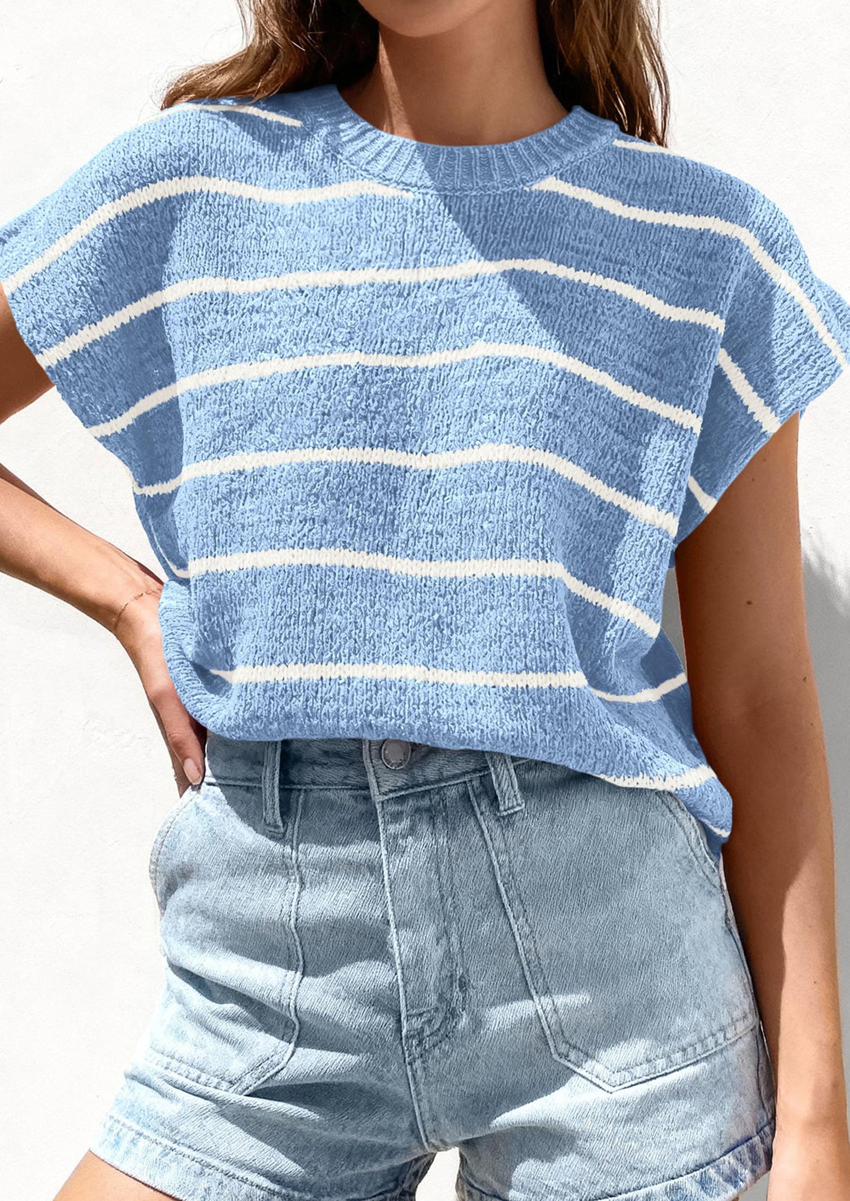 PRETTYGARDEN Womens Summer Short Sleeve Tops Trendy Crew Neck Striped Knit Sweater Business Casual Spring Clothes PRETTYGARDEN