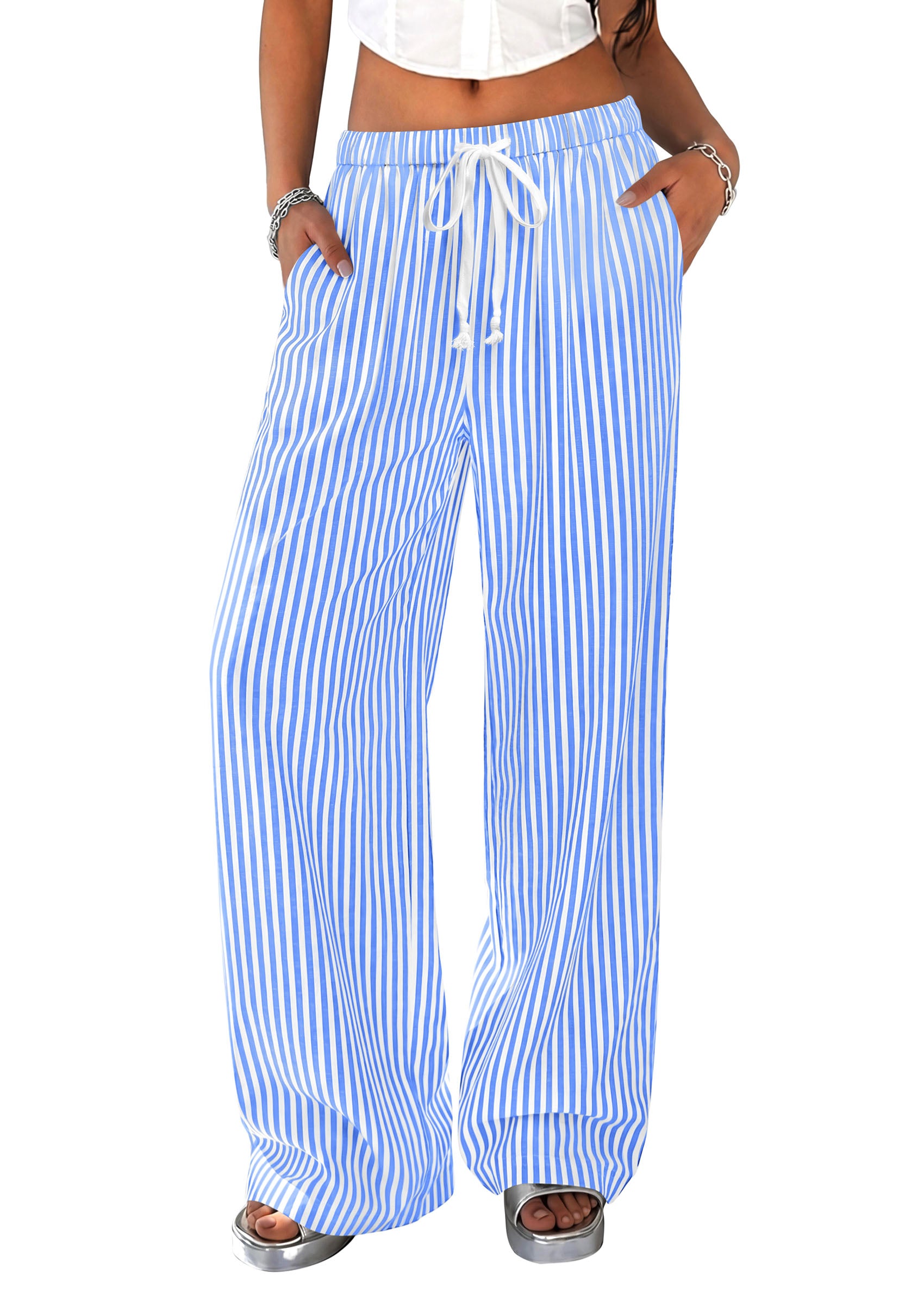 PRETTYGARDEN Striped Wide Leg Pants Women Loungewear with Pocket | Baggy Palazzo with Drawstring, Regular Elastic Waist Bottom, Casual Outfits 2026 for School, Beach Vacation & Travel