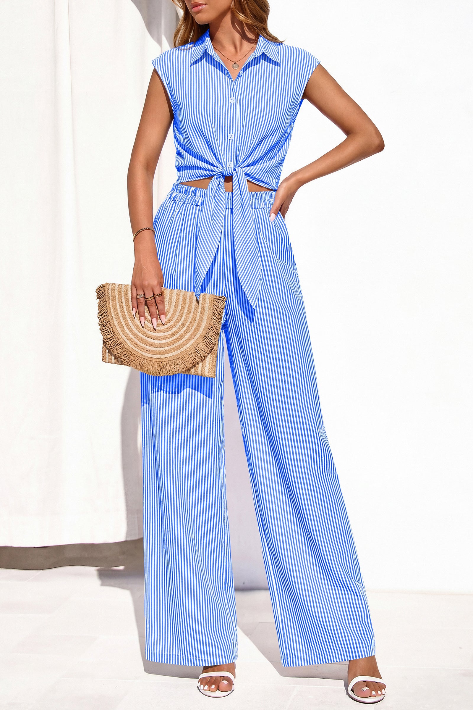 PRETTYGARDEN 2 Piece Sets For Women Summer Striped Button Down Tie Front Crop Tops Wide Leg Pants Floral Lounge Set 2026 PRETTYGARDEN