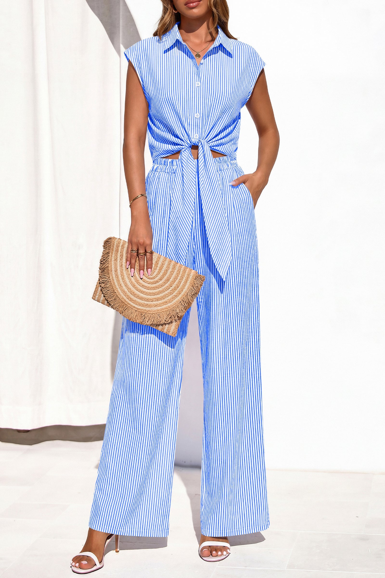 PRETTYGARDEN 2 Piece Sets For Women Summer Striped Button Down Tie Front Crop Tops Wide Leg Pants Floral Lounge Set 2026 PRETTYGARDEN