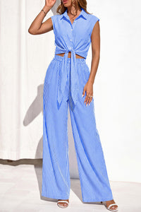 PRETTYGARDEN 2 Piece Sets For Women Summer Striped Button Down Tie Front Crop Tops Wide Leg Pants Floral Lounge Set 2026 PRETTYGARDEN