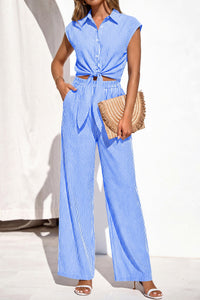 PRETTYGARDEN 2 Piece Sets For Women Summer Striped Button Down Tie Front Crop Tops Wide Leg Pants Floral Lounge Set 2026 PRETTYGARDEN