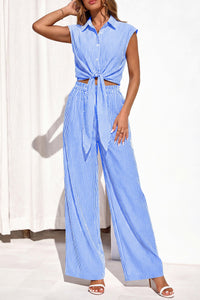 PRETTYGARDEN 2 Piece Sets For Women Summer Striped Button Down Tie Front Crop Tops Wide Leg Pants Floral Lounge Set 2026 PRETTYGARDEN