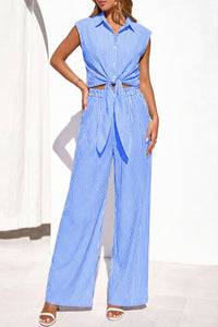 PRETTYGARDEN 2 Piece Sets For Women Summer Striped Button Down Tie Front Crop Tops Wide Leg Pants Floral Lounge Set 2026 PRETTYGARDEN