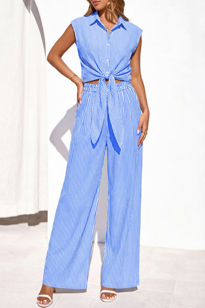 PRETTYGARDEN 2 Piece Sets For Women Summer Striped Button Down Tie Front Crop Tops Wide Leg Pants Floral Lounge Set 2026 PRETTYGARDEN