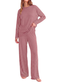 PRETTYGARDEN Womens Striped Lounge Set Fall Winter 2 Piece Sets | Side Slit Long Sleeve T-Shirts & Wide Leg Pants, Matching Pajama Sets, Comfy Pj Set, Loungewear with Pockets, Fashion Clothes