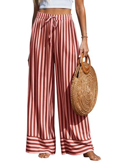 PRETTYGARDEN Womens Palazzo Pants 2026 Summer Striped Wide Leg Trousers Elastic Waist Flowy Lounge Pant Pockets