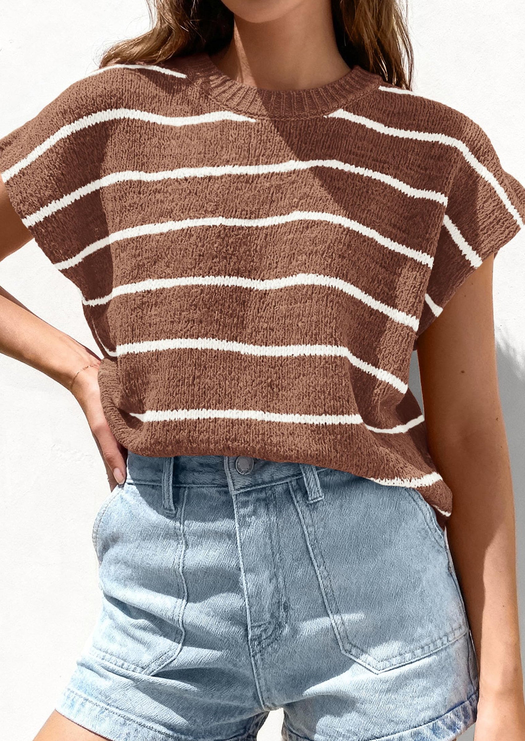 PRETTYGARDEN Womens Summer Short Sleeve Tops Trendy Crew Neck Striped Knit Sweater Business Casual Spring Clothes PRETTYGARDEN