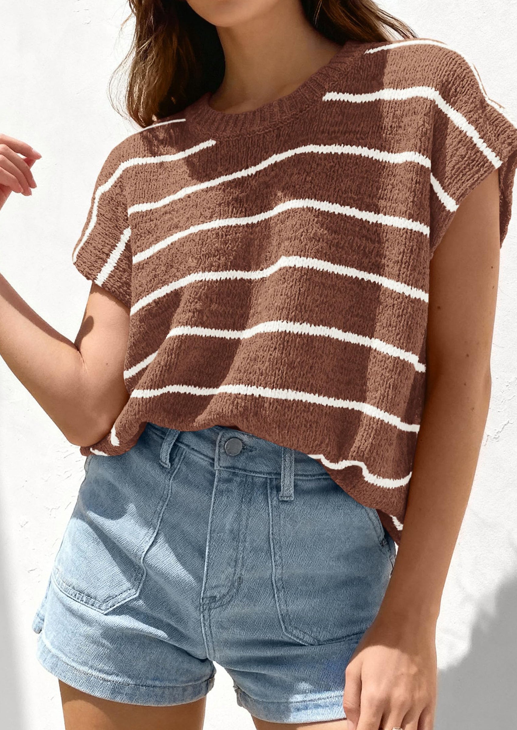 PRETTYGARDEN Womens Summer Short Sleeve Tops Trendy Crew Neck Striped Knit Sweater Business Casual Spring Clothes PRETTYGARDEN