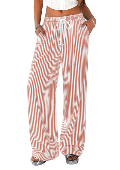 PRETTYGARDEN Striped Wide Leg Pants Women Loungewear with Pocket | Baggy Palazzo with Drawstring, Regular Elastic Waist Bottom, Casual Outfits 2026 for School, Beach Vacation & Travel