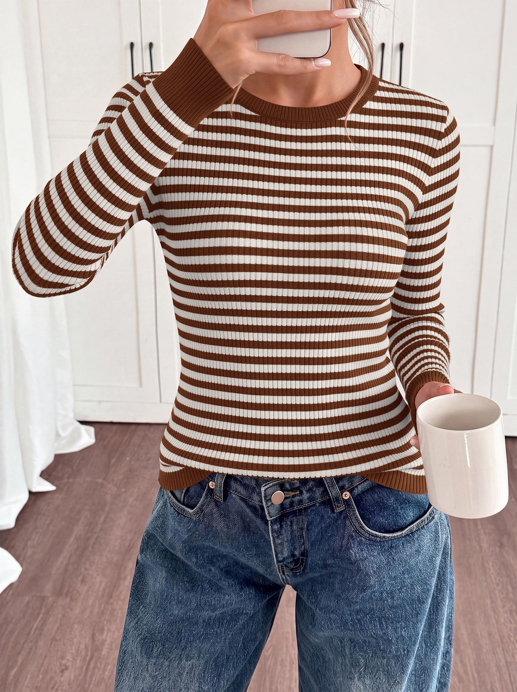 PRETTYGARDEN Womens Long Sleeve Striped Fitted Sweater Tops  | Crewneck Color Block Fall Sweaters, Stretchy Ribbed Knit Tops, Slim Fit Shirts for Going Out, Business Casual, Trendy Clothes