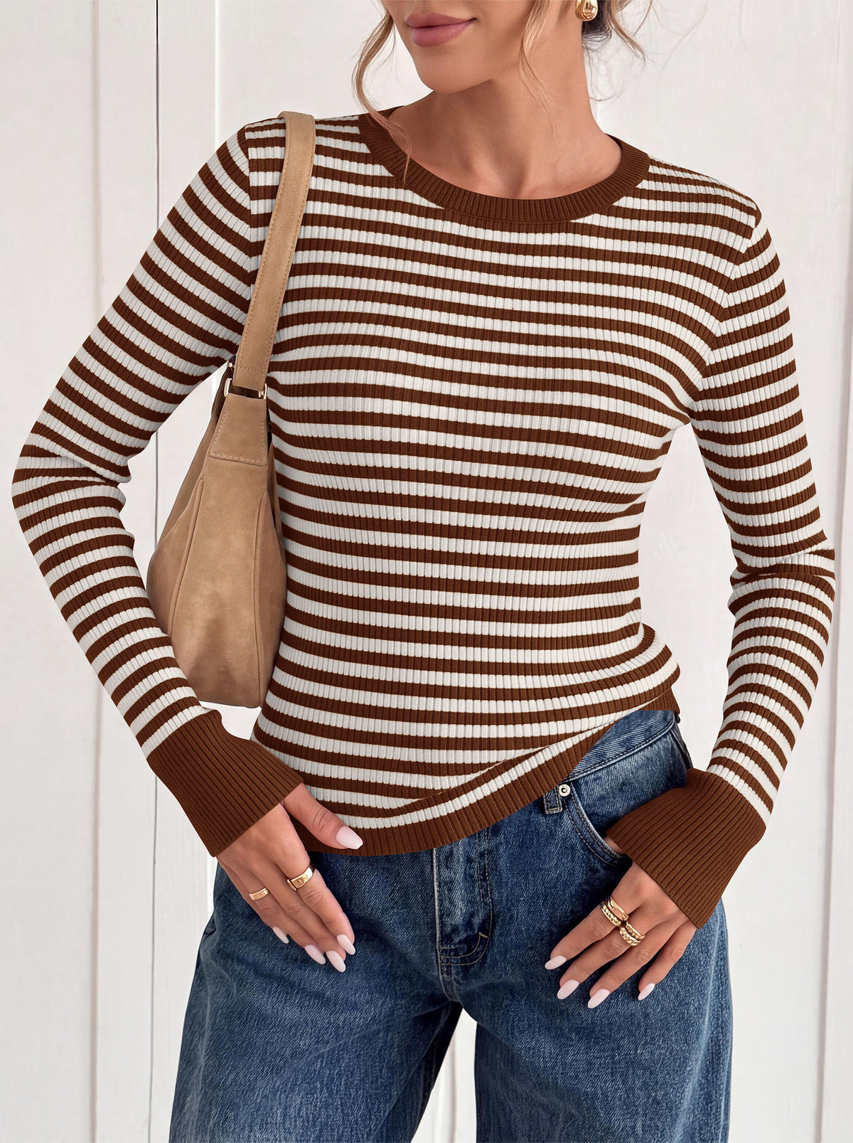 PRETTYGARDEN Womens Long Sleeve Striped Fitted Sweater Tops  | Crewneck Color Block Fall Sweaters, Stretchy Ribbed Knit Tops, Slim Fit Shirts for Going Out, Business Casual, Trendy Clothes