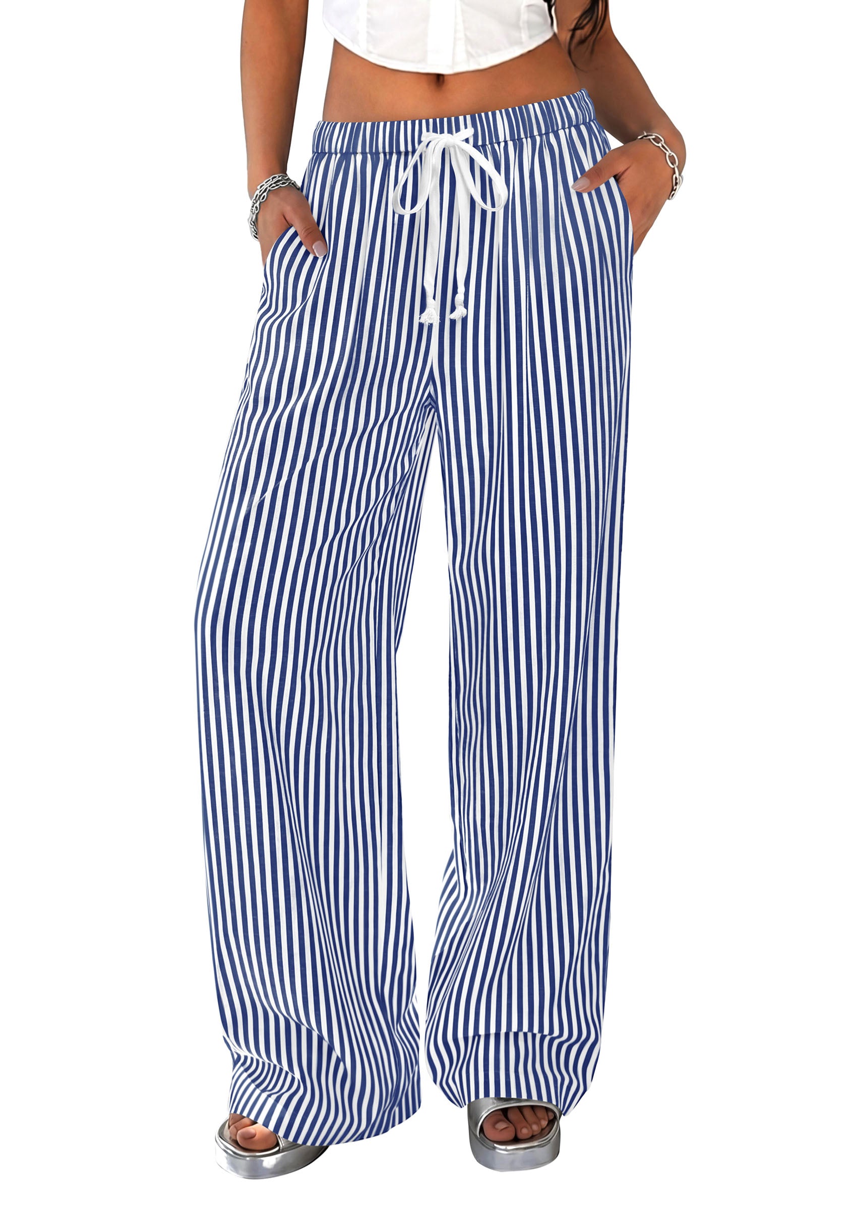 PRETTYGARDEN Striped Wide Leg Pants Women Loungewear with Pocket | Baggy Palazzo with Drawstring, Regular Elastic Waist Bottom, Casual Outfits 2026 for School, Beach Vacation & Travel
