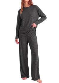 PRETTYGARDEN Womens Striped Lounge Set Fall Winter 2 Piece Sets | Side Slit Long Sleeve T-Shirts & Wide Leg Pants, Matching Pajama Sets, Comfy Pj Set, Loungewear with Pockets, Fashion Clothes