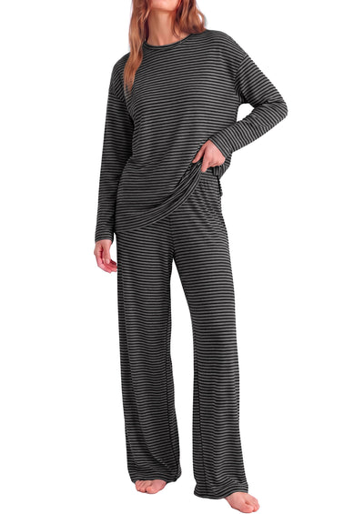 PRETTYGARDEN Womens Striped Lounge Set Fall Winter 2 Piece Sets | Side Slit Long Sleeve T-Shirts & Wide Leg Pants, Matching Pajama Sets, Comfy Pj Set, Loungewear with Pockets, Fashion Clothes