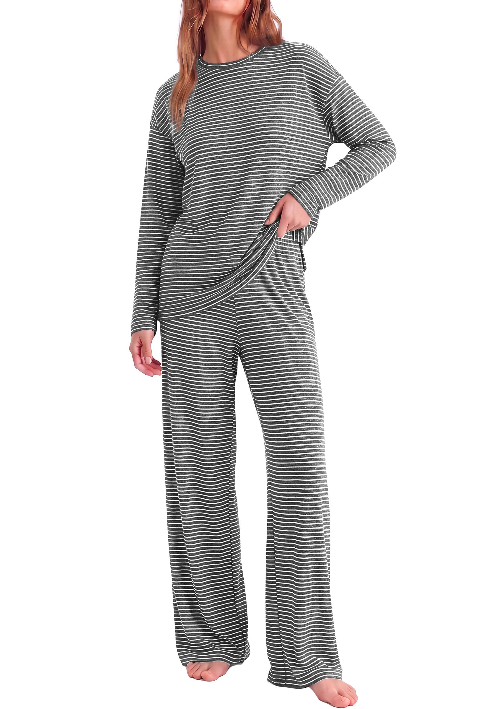 PRETTYGARDEN Womens Striped Lounge Set Fall Winter 2 Piece Sets | Side Slit Long Sleeve T-Shirts & Wide Leg Pants, Matching Pajama Sets, Comfy Pj Set, Loungewear with Pockets, Fashion Clothes