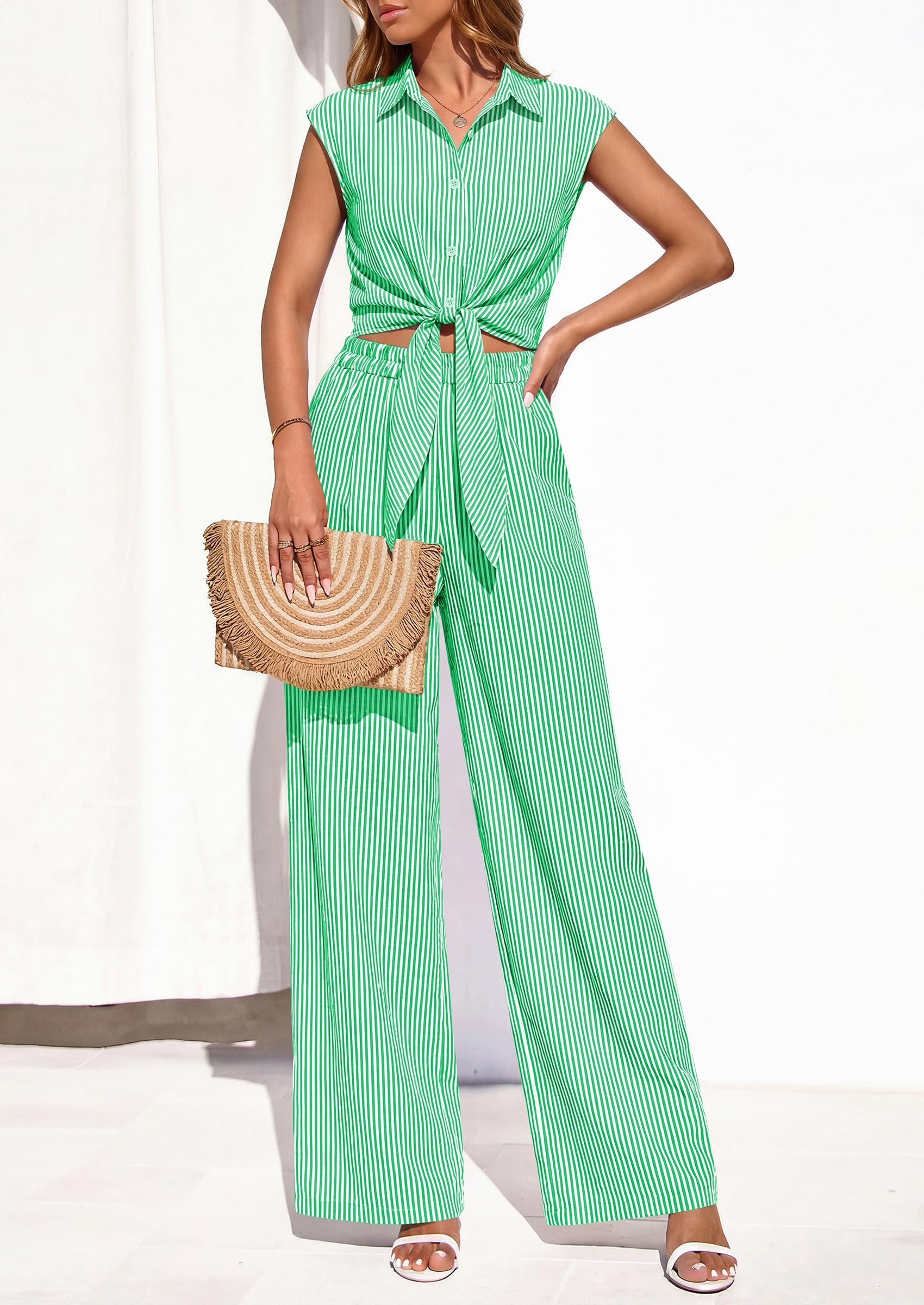 PRETTYGARDEN 2 Piece Sets For Women Summer Striped Button Down Tie Front Crop Tops Wide Leg Pants Floral Lounge Set 2026 PRETTYGARDEN