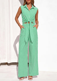 PRETTYGARDEN 2 Piece Sets For Women Summer Striped Button Down Tie Front Crop Tops Wide Leg Pants Floral Lounge Set 2026 PRETTYGARDEN