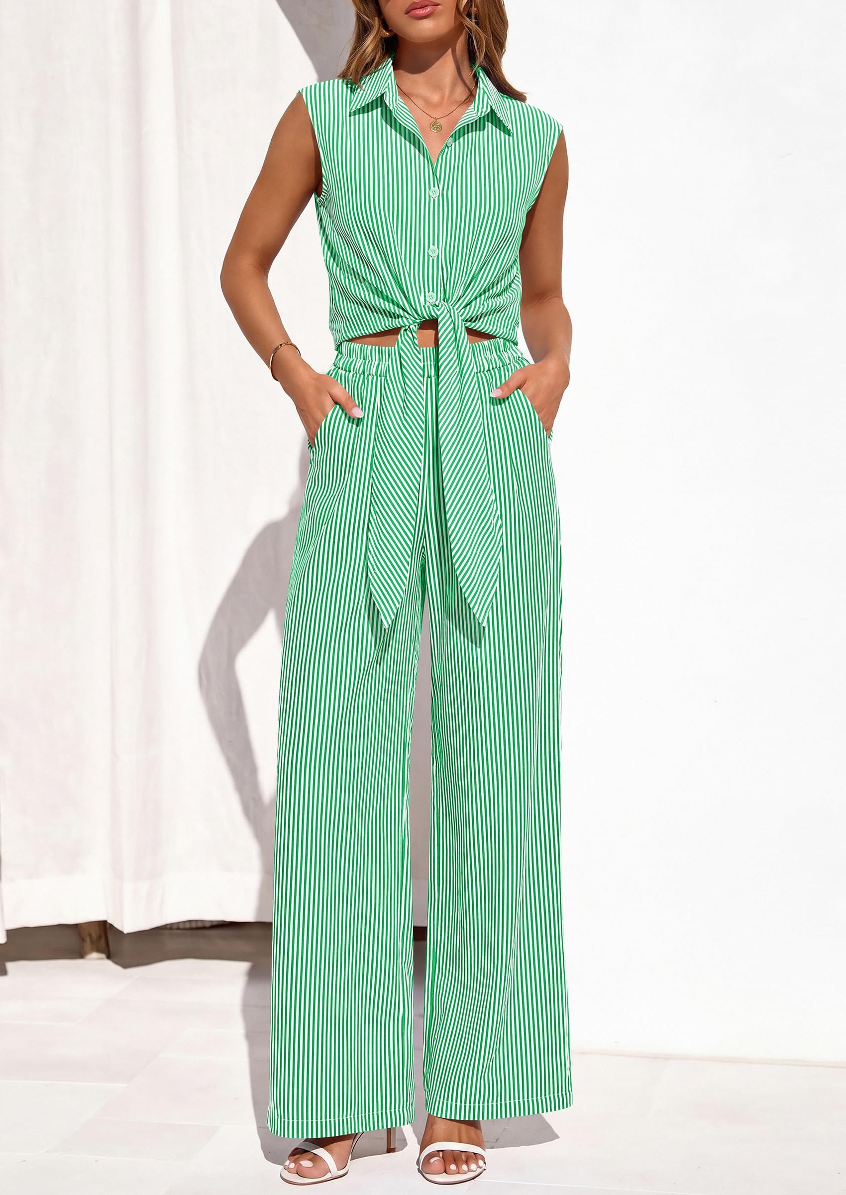 PRETTYGARDEN 2 Piece Sets For Women Summer Striped Button Down Tie Front Crop Tops Wide Leg Pants Floral Lounge Set 2026 PRETTYGARDEN