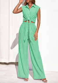 PRETTYGARDEN 2 Piece Sets For Women Summer Striped Button Down Tie Front Crop Tops Wide Leg Pants Floral Lounge Set 2026 PRETTYGARDEN