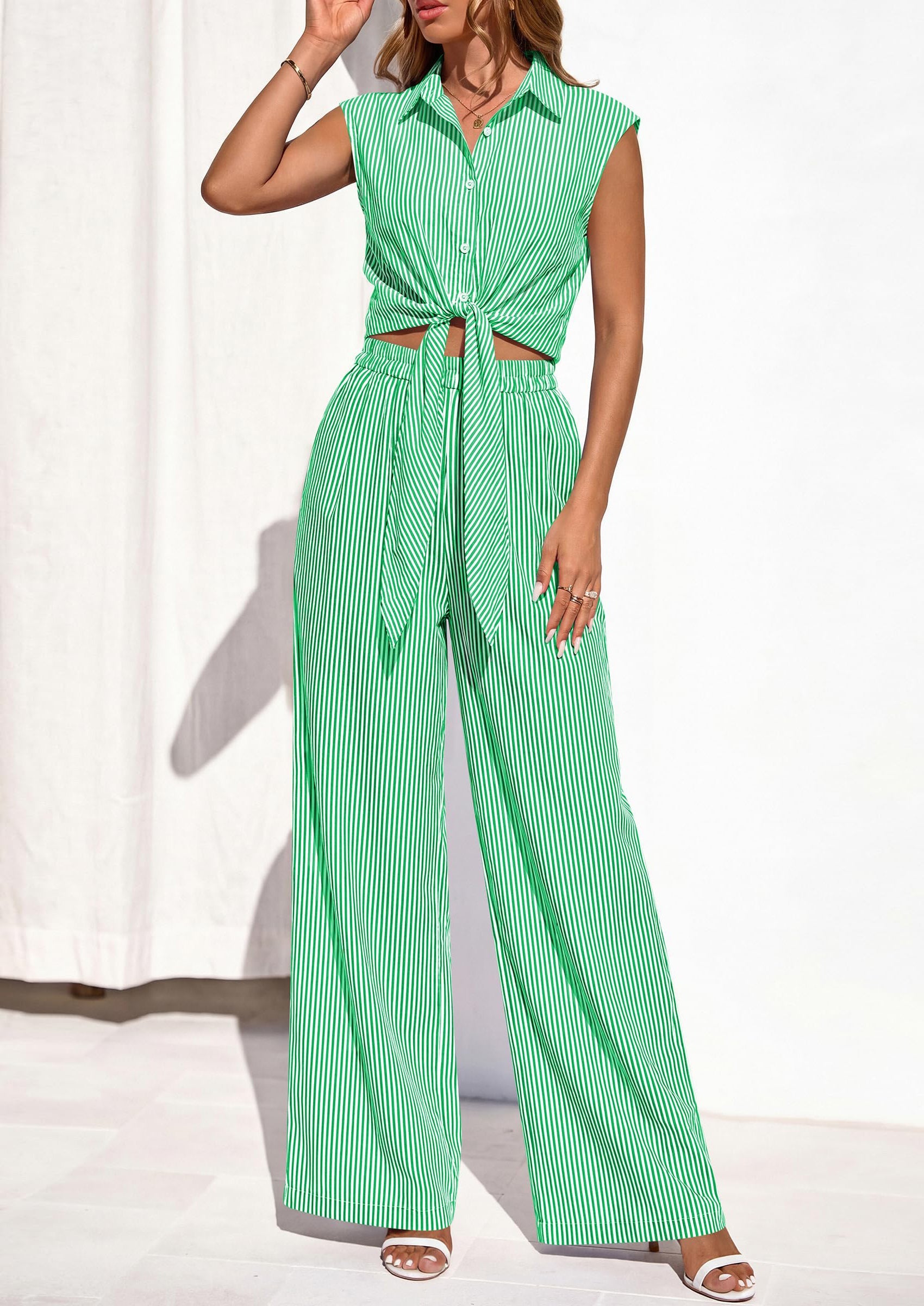 PRETTYGARDEN 2 Piece Sets For Women Summer Striped Button Down Tie Front Crop Tops Wide Leg Pants Floral Lounge Set 2026 PRETTYGARDEN