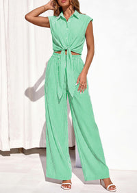 PRETTYGARDEN 2 Piece Sets For Women Summer Striped Button Down Tie Front Crop Tops Wide Leg Pants Floral Lounge Set 2026 PRETTYGARDEN