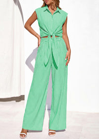 PRETTYGARDEN 2 Piece Sets For Women Summer Striped Button Down Tie Front Crop Tops Wide Leg Pants Floral Lounge Set 2026 PRETTYGARDEN