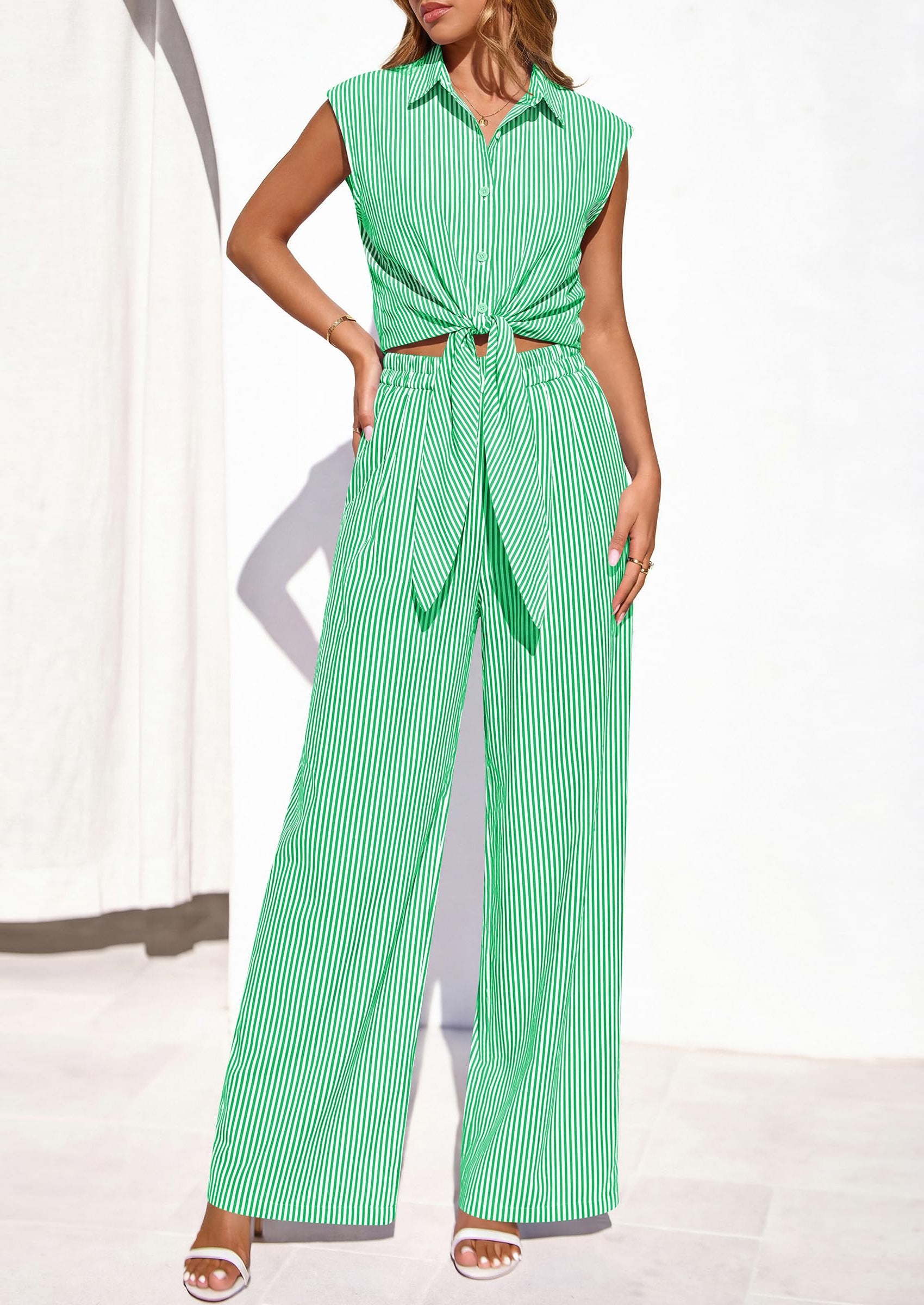 PRETTYGARDEN 2 Piece Sets For Women Summer Striped Button Down Tie Front Crop Tops Wide Leg Pants Floral Lounge Set 2026 PRETTYGARDEN