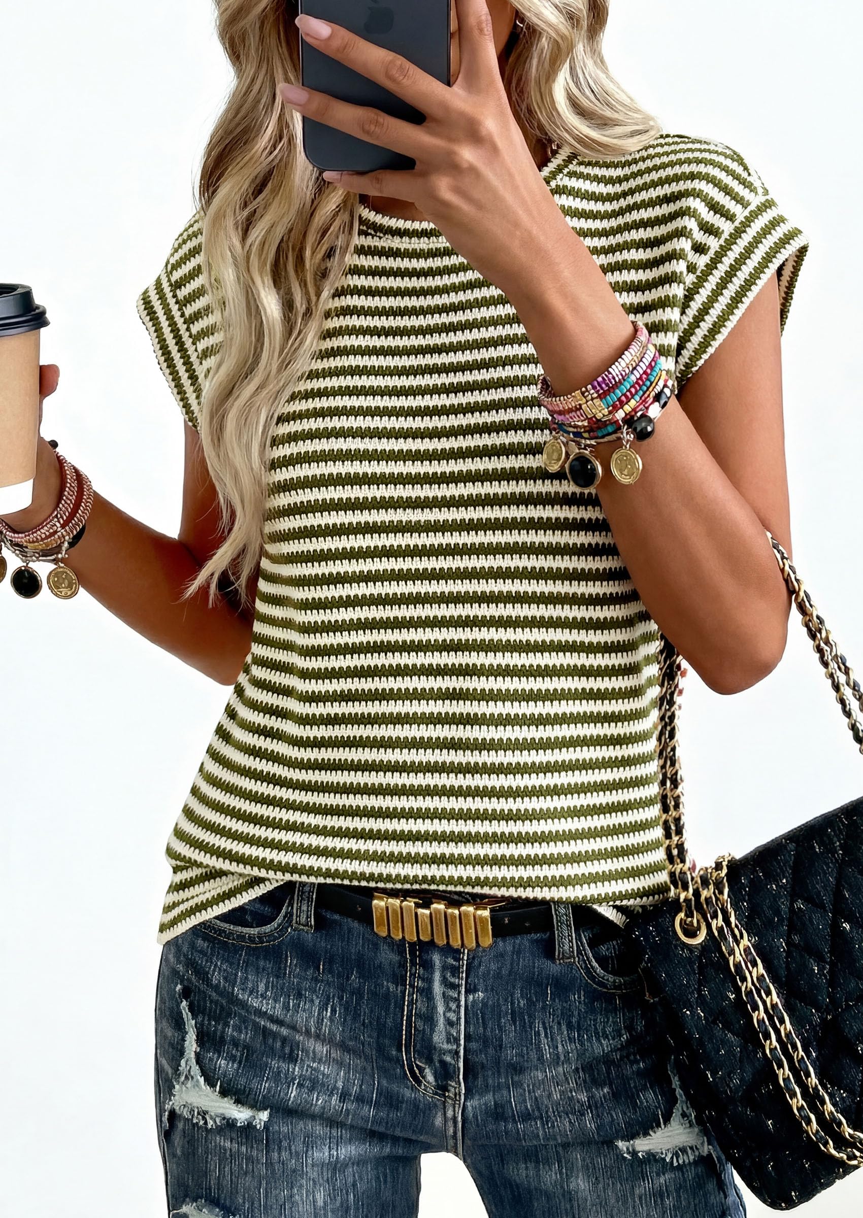 PRETTYGARDEN Women's Spring Vest Tops Cap Sleeve Striped Shirt Knit Tank Top Summer Beach Vacation Clothes PRETTYGARDEN