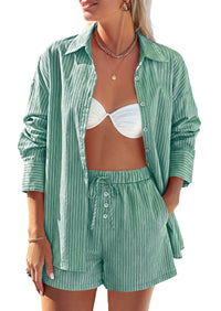PRETTYGARDEN Women's Summer 2 Piece Matching Lounge Sets Pajamas Long Sleeve Shirts Blouse Pockets Shorts 2026 Spring Outfits