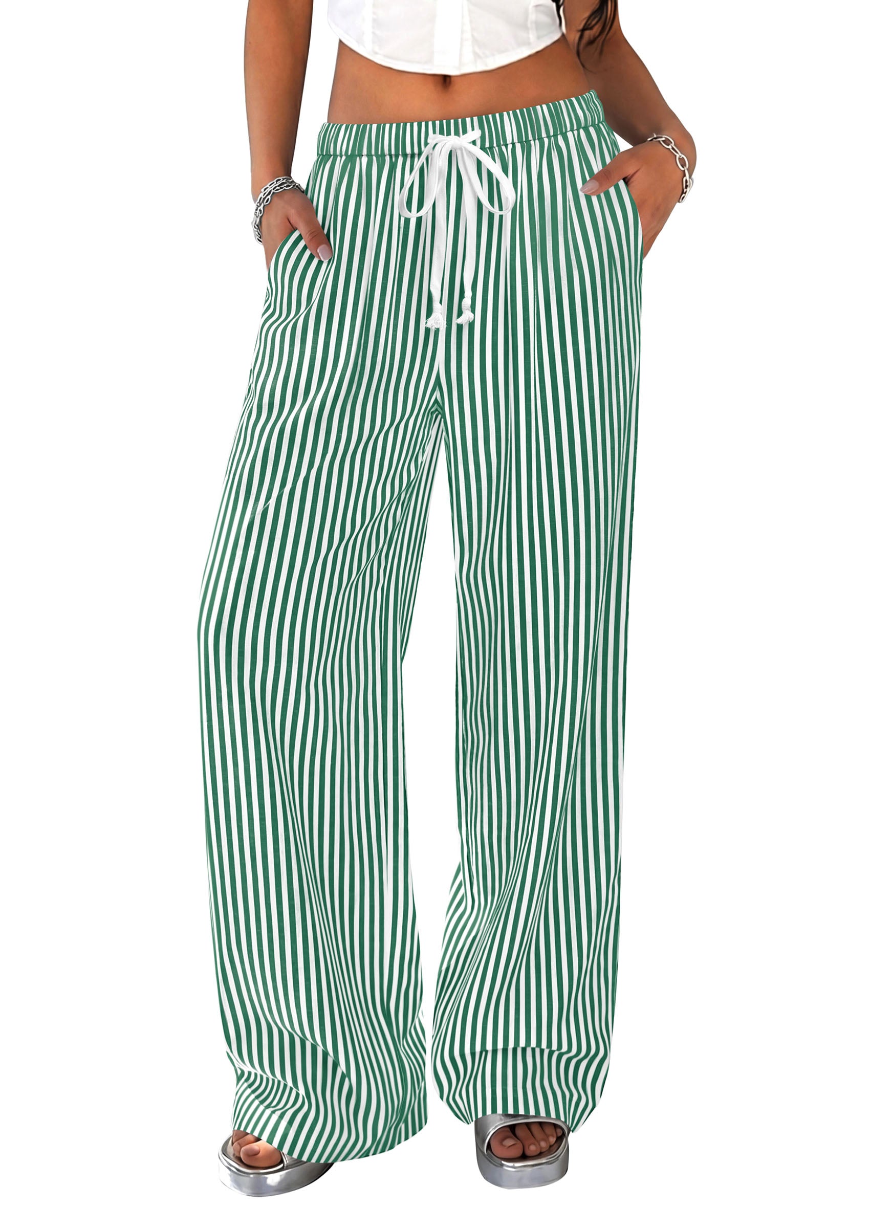 PRETTYGARDEN Striped Wide Leg Pants Women Loungewear with Pocket | Baggy Palazzo with Drawstring, Regular Elastic Waist Bottom, Casual Outfits 2026 for School, Beach Vacation & Travel