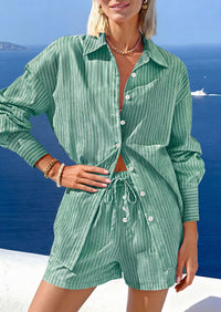 PRETTYGARDEN Women's Summer 2 Piece Matching Lounge Sets Pajamas Long Sleeve Shirts Blouse Pockets Shorts 2026 Spring Outfits