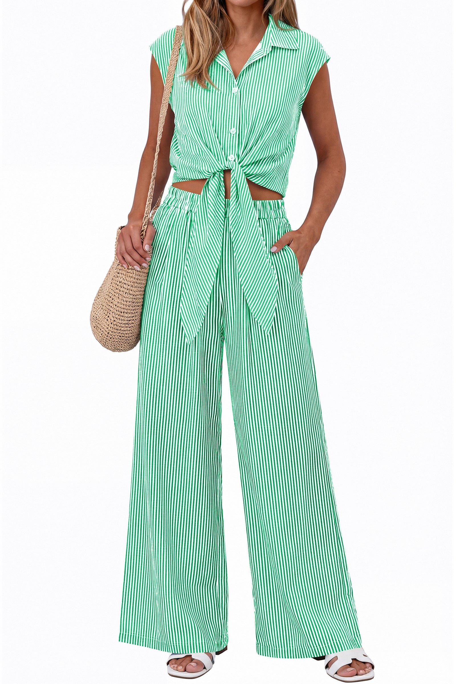 PRETTYGARDEN 2 Piece Sets For Women Summer Striped Button Down Tie Front Crop Tops Wide Leg Pants Floral Lounge Set 2026 PRETTYGARDEN