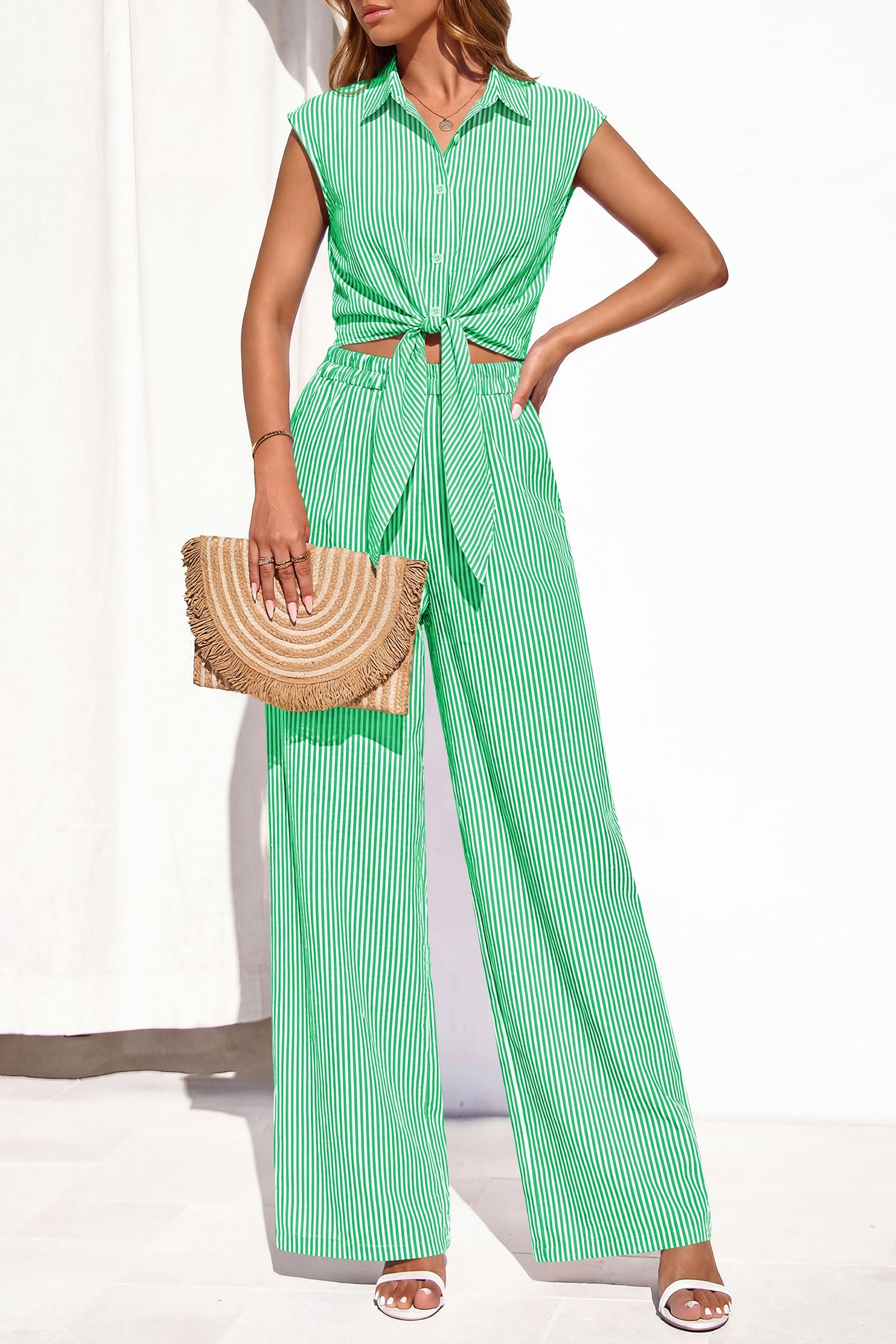 PRETTYGARDEN 2 Piece Sets For Women Summer Striped Button Down Tie Front Crop Tops Wide Leg Pants Floral Lounge Set 2026 PRETTYGARDEN