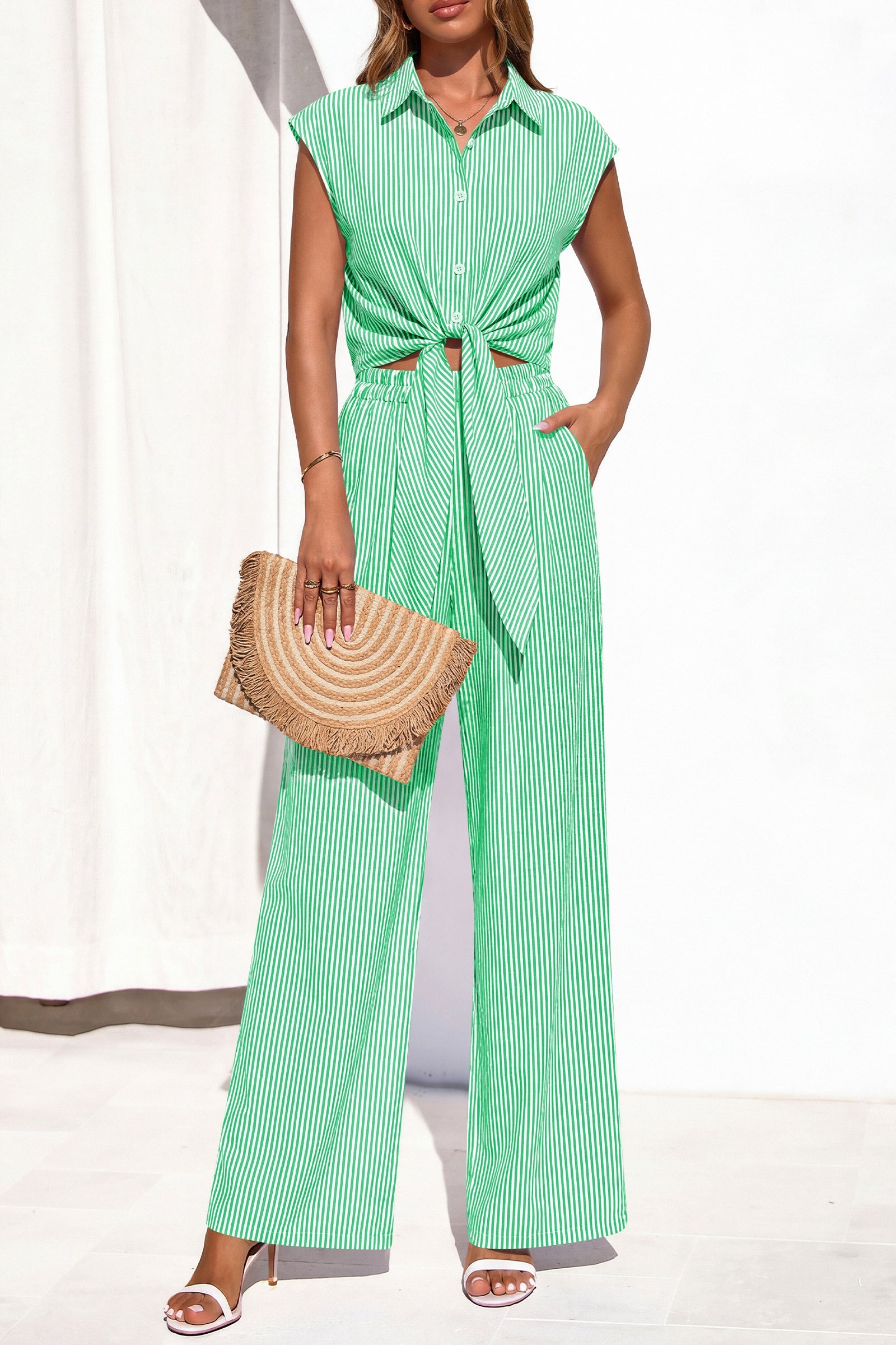 PRETTYGARDEN 2 Piece Sets For Women Summer Striped Button Down Tie Front Crop Tops Wide Leg Pants Floral Lounge Set 2026 PRETTYGARDEN