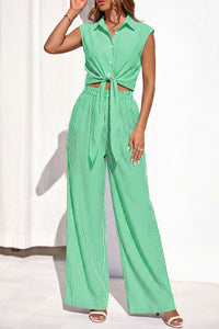 PRETTYGARDEN 2 Piece Sets For Women Summer Striped Button Down Tie Front Crop Tops Wide Leg Pants Floral Lounge Set 2026 PRETTYGARDEN