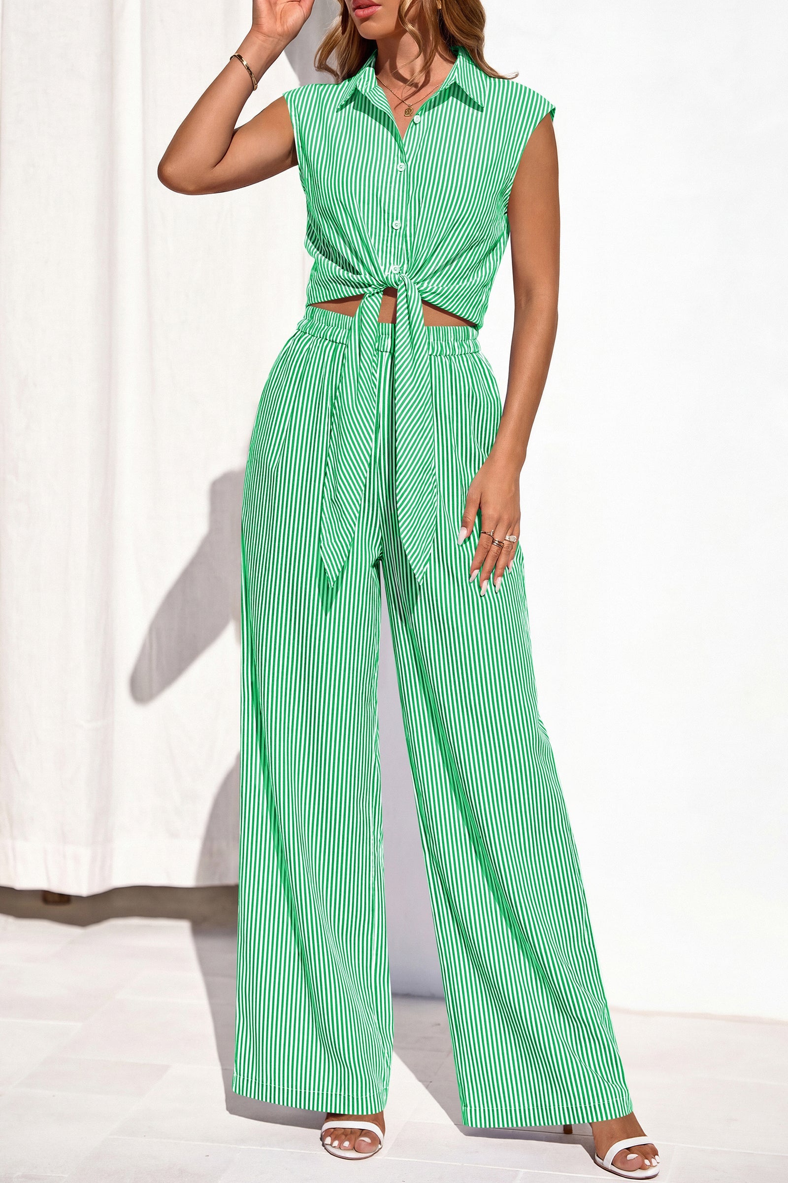 PRETTYGARDEN 2 Piece Sets For Women Summer Striped Button Down Tie Front Crop Tops Wide Leg Pants Floral Lounge Set 2026 PRETTYGARDEN