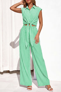 PRETTYGARDEN 2 Piece Sets For Women Summer Striped Button Down Tie Front Crop Tops Wide Leg Pants Floral Lounge Set 2026 PRETTYGARDEN