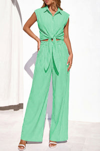 PRETTYGARDEN 2 Piece Sets For Women Summer Striped Button Down Tie Front Crop Tops Wide Leg Pants Floral Lounge Set 2026 PRETTYGARDEN